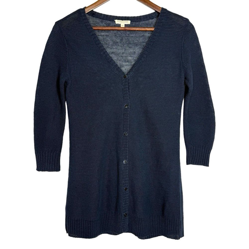 Eileen Fisher Cardigan 100% Linen Small‎ Open Knit Button Down Blue Coastal